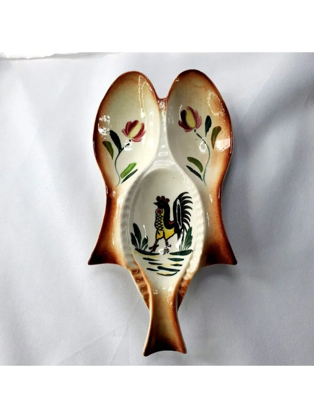 Vintage Hand Painted Ceramic Rooster Chicken Triple Spoon Rest Kitchen Cooking
